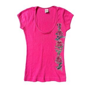 70s Vintage Fitted Rose Baby Tee T-shirt Women's Sparkle Iron-on Cap Sleeve.